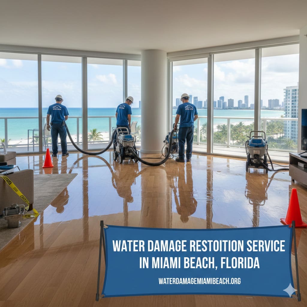 Professional Water Damage Restoration Team working in Miami Beach home